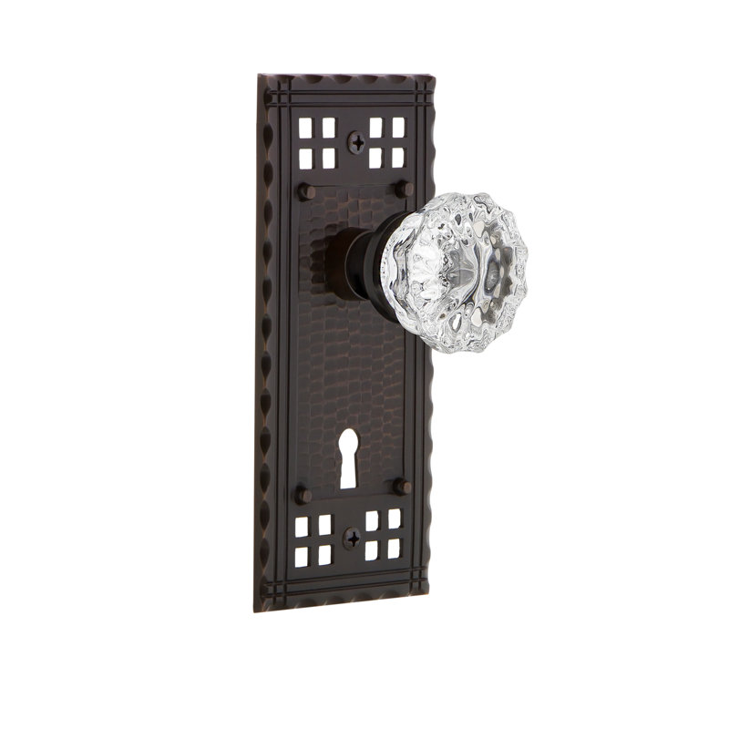 Clear Crystal Interior Mortise Door Knob with Craftsman Long Plate, Timeless Bronze