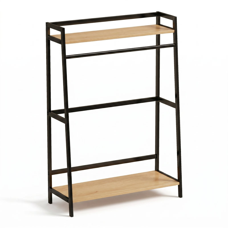 Portant à vêtements autoportant en métal avec tablettes en bois massif, Tan