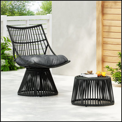 Ensemble de chaise d'extérieur en osier et table d'appoint ELAINE avec design Mid-Century et coussins résistants à l'eau pour patio et jardin