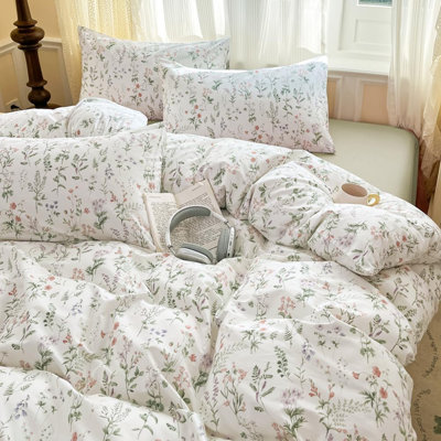 French Garden Durable Farmhouse Pink Flowers White Cotton Duvet Cover Set Aesthetic Garden Style Soft Floral Bedding Set