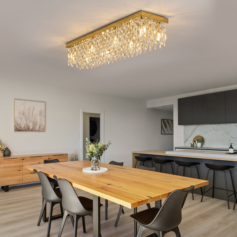 40" Gold Rectangular Flush Mount Crystal Ceiling Light, 8-Light K9 Crystal Chandelier For Dining Room, Living Room, Kitchen, Modern Luxury Lighting Fixture, E12 Base (Bulbs Not Included)
