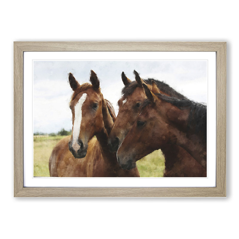 Three Horses - Picture Frame Graphic Art, Oak, 48cm H x 65cm W x 2cm D
