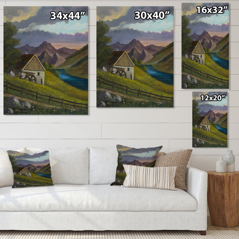 «Mountain Landscape With An Old Mill At A River», reproduction sur toile, H 44 po x l 34 po, Toile tendue