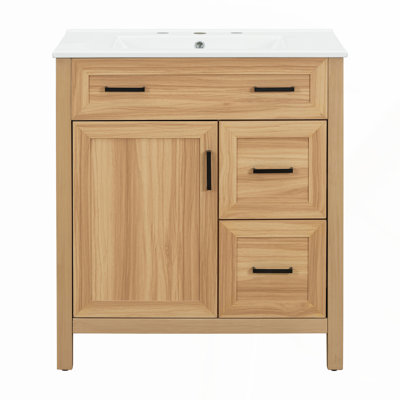 Meuble-lavabo de 30 pouces avec lavabo en céramique, tiroirs pleine extension, glissières à fermeture en douceur, conception cannelée en vert