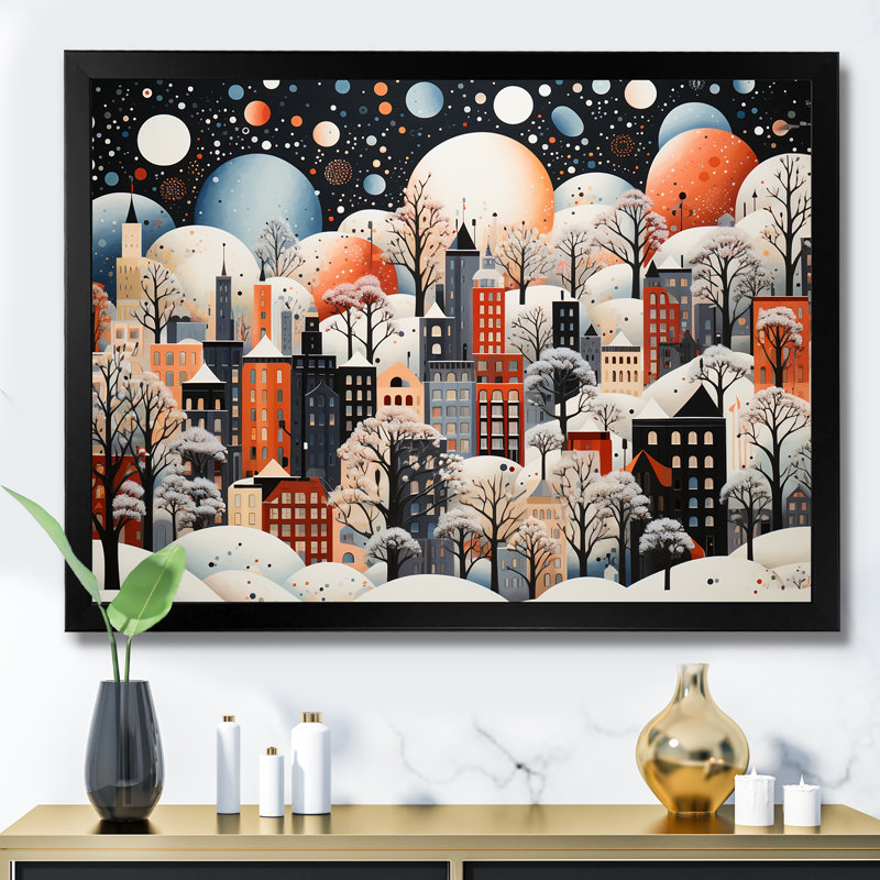 «Orange Bubble Winter Village Art Deco», art mural ville art déco, Cadre flottant doré, H 16 po x l 32 po x P 1 po