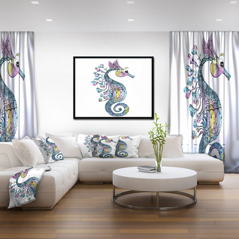 Hippocampe coloré aquarelle - art mural animal, Cadre noir, H 16 po x l 32 po x p 1 po