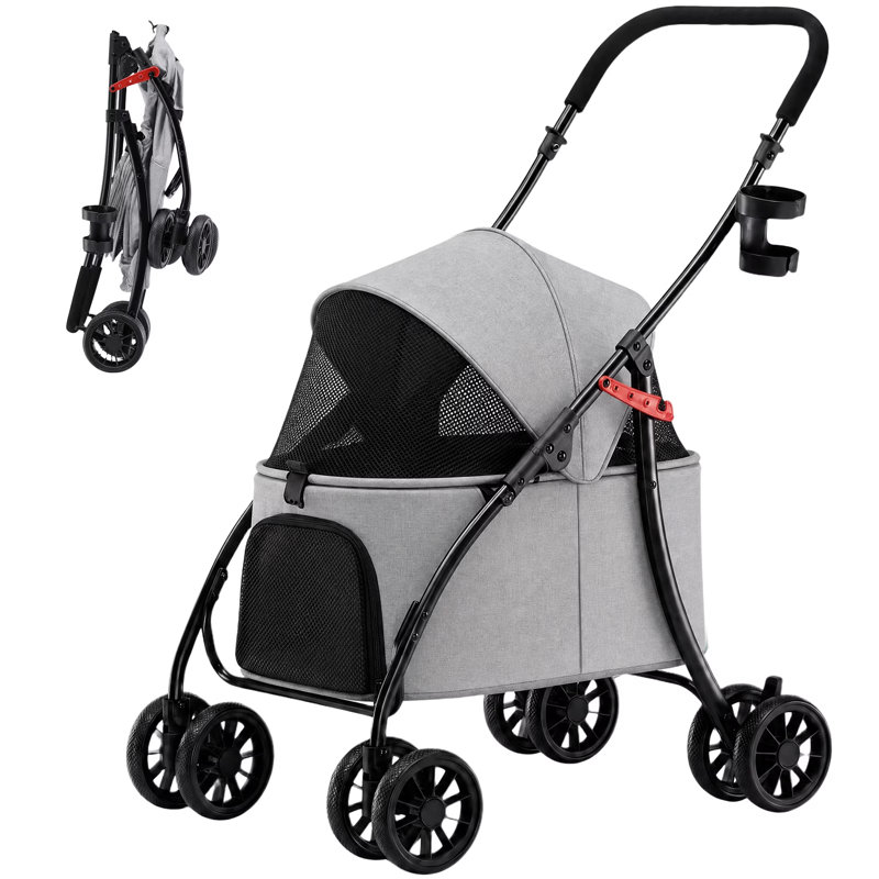 Pet Stroller, Folding Dog Stroller for Small Medium Dogs & Cats, 3-in-1 Detachable Carrier Stroller with Cup Holder & Breathable Mesh Windows, Storage Basket & Shock Absorbing Wheels