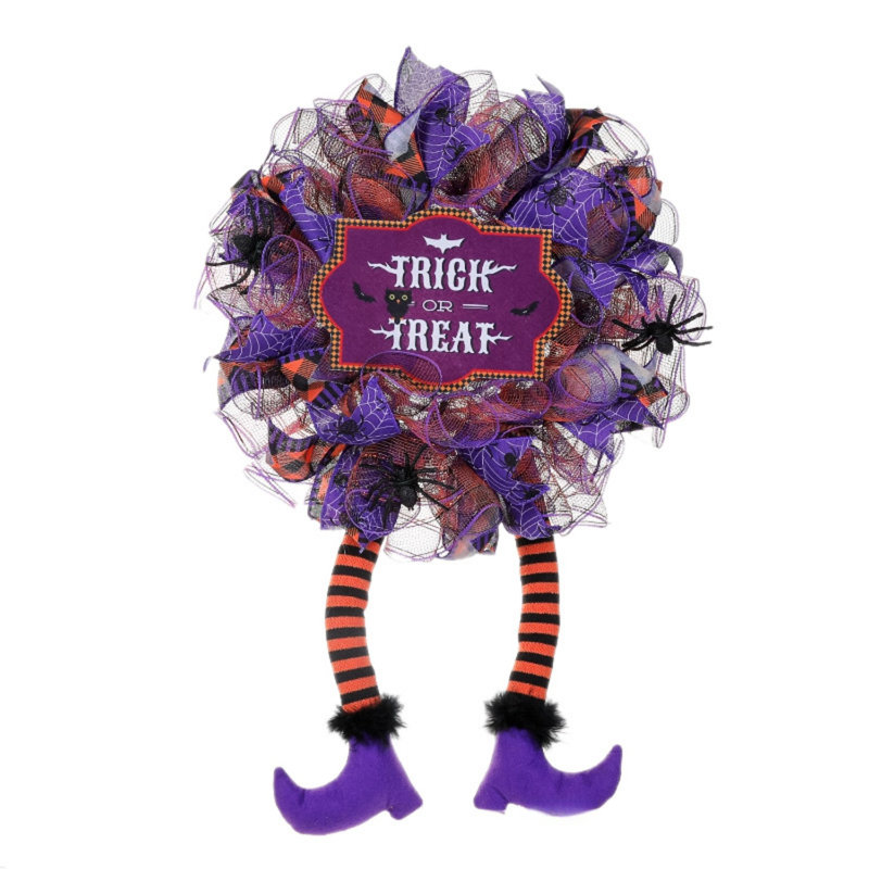 Couronne d'Halloween pour porte d'entrée - Couronne de maille artificielle sur le thème de la sorcière avec chapeau et pieds, parfaite pour la décoration extérieure; Convient pour Halloween, l'Action de grâce et l'automne