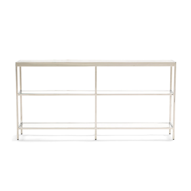 Vienna Low Bookcase W/ Glass Top, (3 Shelves) 27"H x 55"W x 10"D, Polished Stainless Steel