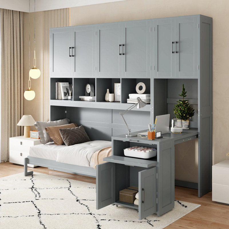 Lit escamotable simple avec placard, tiroirs et bureau, Gris