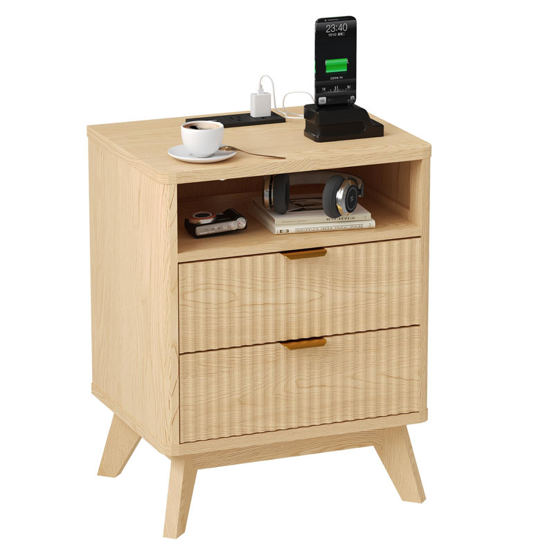 Ensemble de 2 tables de chevet cannelées modernes avec chargement USB et CA, 2 tiroirs et tablette ouverte, pieds en bois, chêne