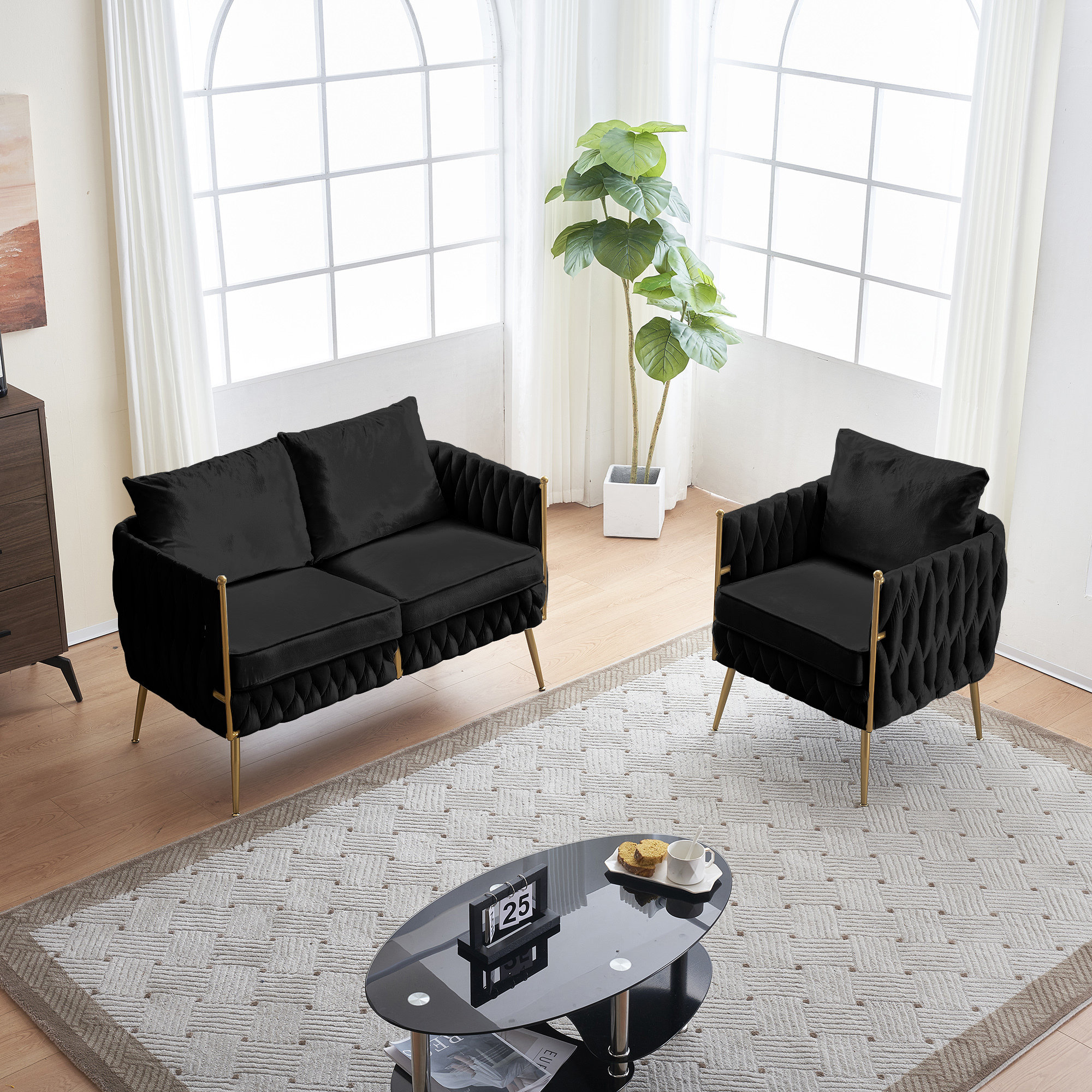 Everly Quinn Black Velvet Sofa Set: Handmade Woven Back Upholstered 1 ...