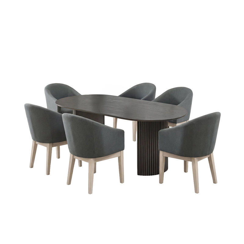 Ensemble de salle à manger 7 pièces avec table ovale en chêne gris 80 po, base à double piédestal et 6 chaises demi-tonneau rembourrées grises