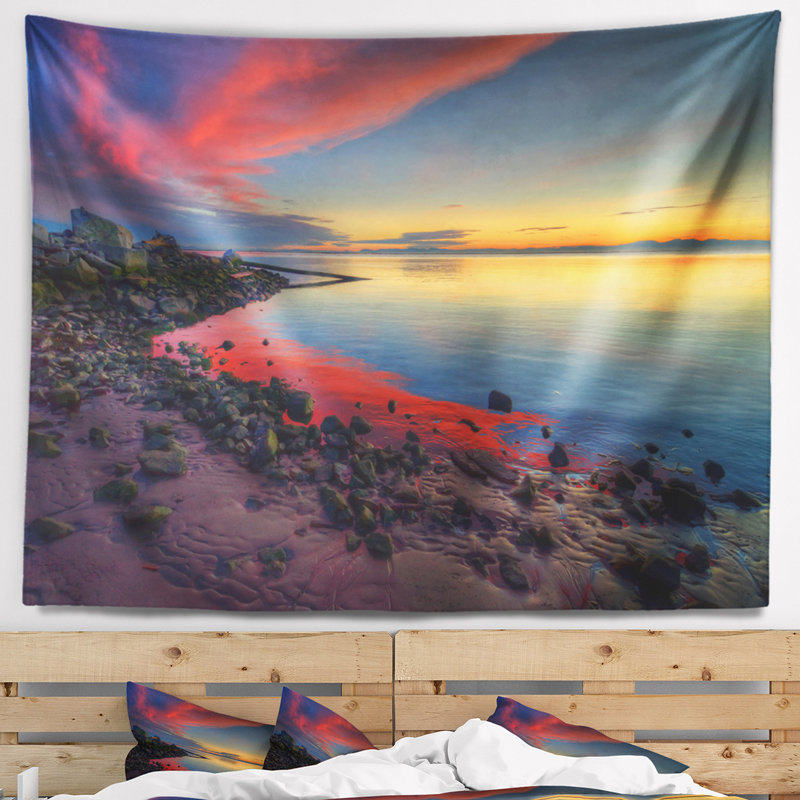Mélange de couleur de mer au coucher de soleil tapisserie avec accessoires suspendus inclus, H 68 po x l 80 po