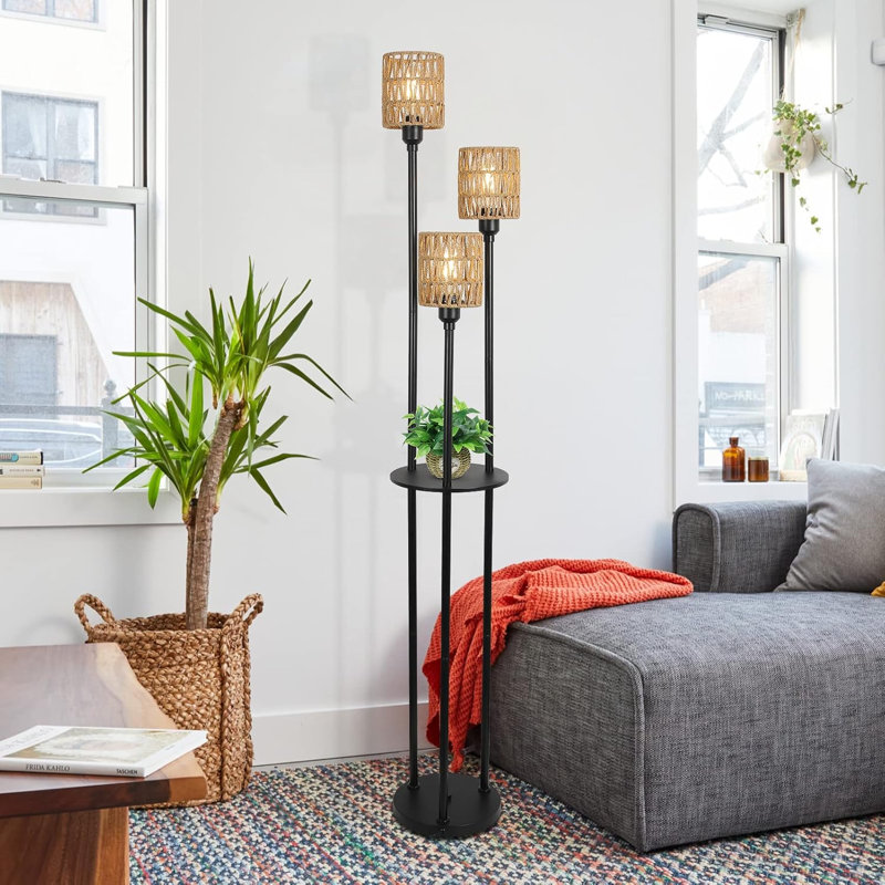 Boho Floor Lamp with Shelves, 3-Lights Farmhouse Tall Floor Lamp with ON/Off Foot Switch