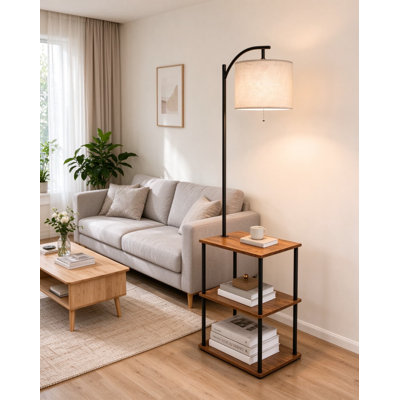 Lampe sur pied avec table et tablettes, table d'appoint avec abat-jour en lin réglable et ampoule à DEL, lampe de chevet brune rustique pour le salon, la chambre à coucher et le bureau