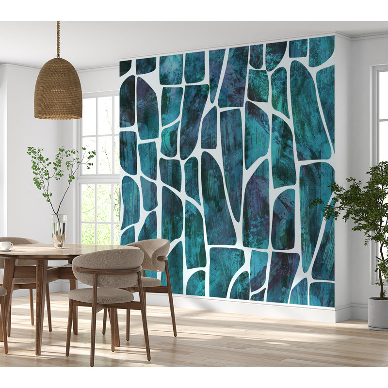 Murale abstraite Peel & Stick Laithen - motif géométrique bleu, L 108 po x l 120 po