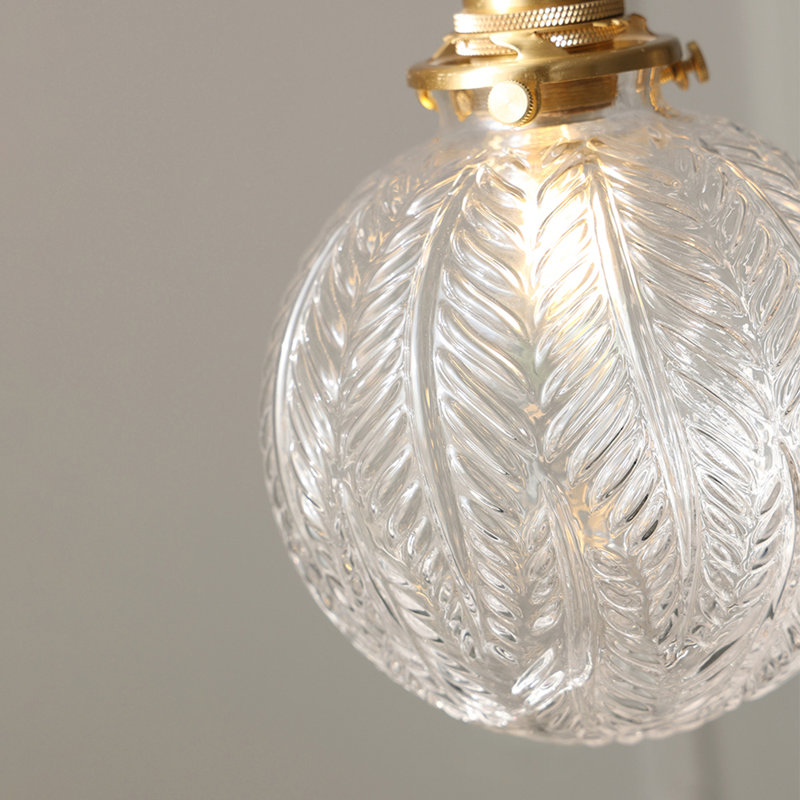 Modern Globe Ribber Glass Brass Pendant Light In Leaf Pattern, Clear