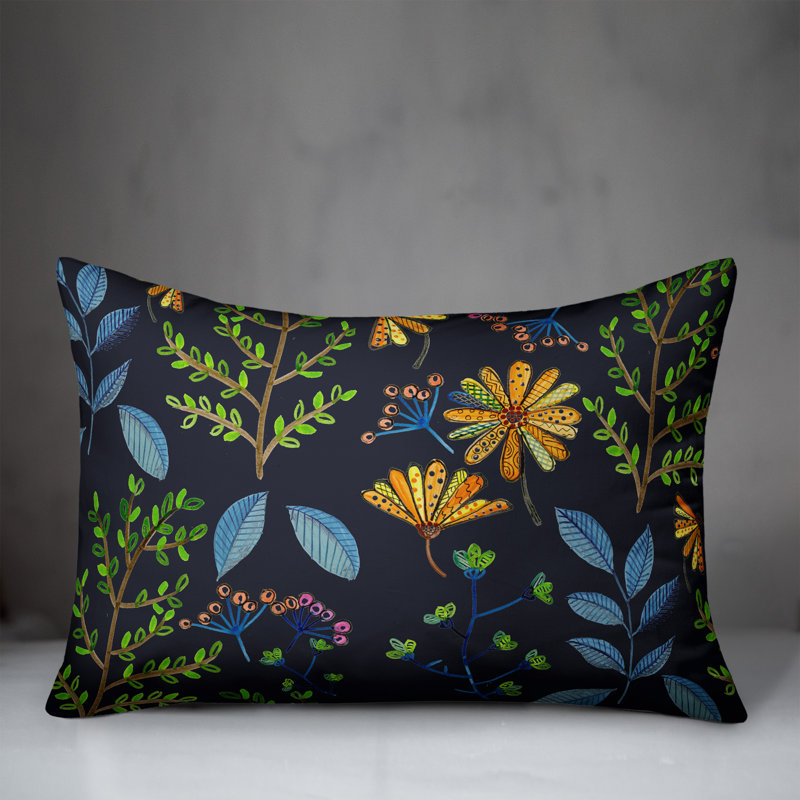 Floral Polyester Indoor/Outdoor Throw Pillow, 14"H x 20"W, Navy
