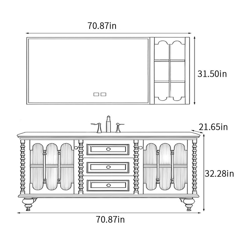 Armoire de salle de bain de style français rétro, H 32,28 po x l 70,87 po x P 21,65 po, Vert