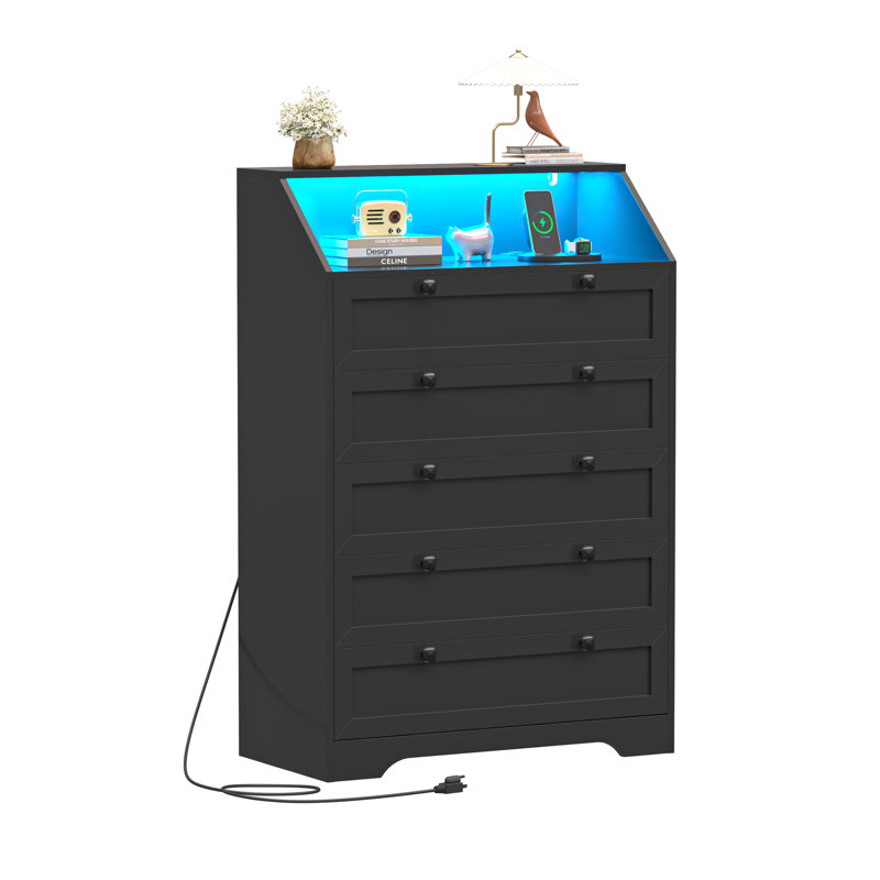 Commode 5 tiroirs Lasheena, Noir