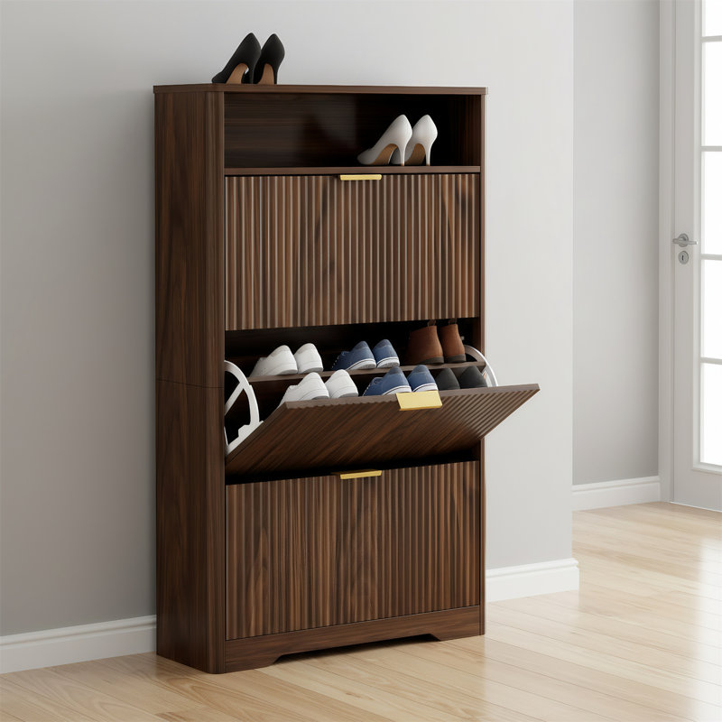 Meuble à chaussures d'entrée avec deux tiroirs rabattables, Walnut