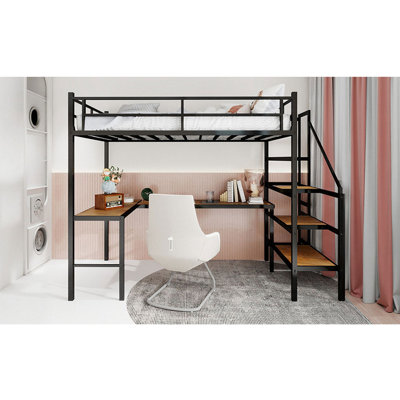 Lit mezzanine peu encombrant avec bureau en forme de L - structure en fer robuste, grand espace de rangement, garde-corps continu et conception silencieuse