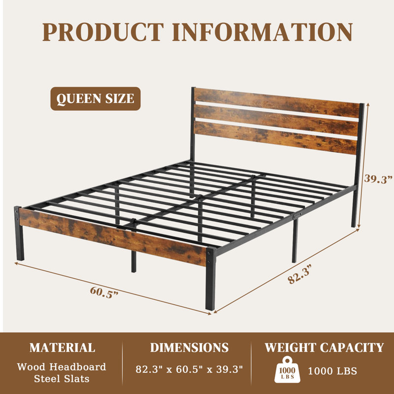 Structure de lit double - Base de matelas robuste avec tête de lit, support de lattes en acier (aucun sommier requis), Queen