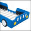 Lit plateforme simple en forme de voiture de course avec roues, bleu