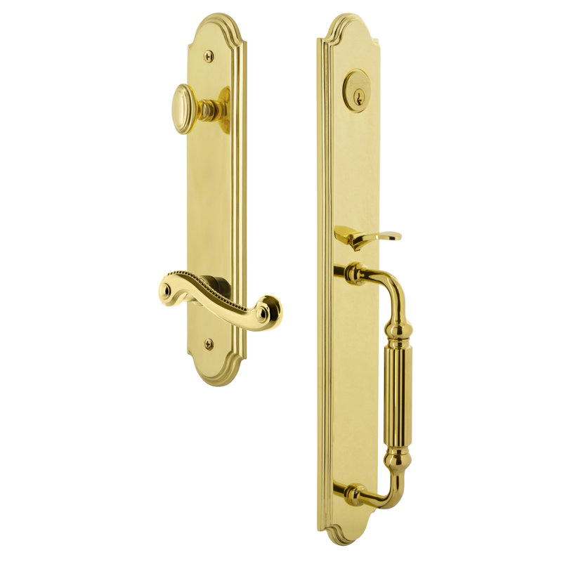 Arc Handleset with Deadbolt and Newport Door Lever and Rosette, Lifetime Brass, 2.75", Right