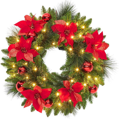 Pre-Lit Christmas Wreath with Frosted Red Berries & Pinecones - Battery Operated LED Lighted Wreath - Realistic Mixed Greenery Wreath for Front Door, Indoor Outdoor Holiday Decorations