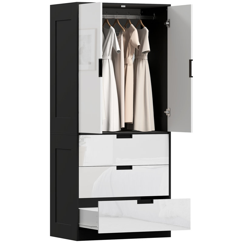 Keiralyn 2 Door Manufactured Wood Wardrobe, Black/High Gloss White