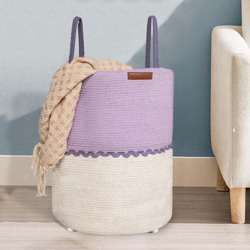 Panier à linge pliable en corde de coton Folkulture avec poignées, lilas sauge (70 L), Soft Lilac