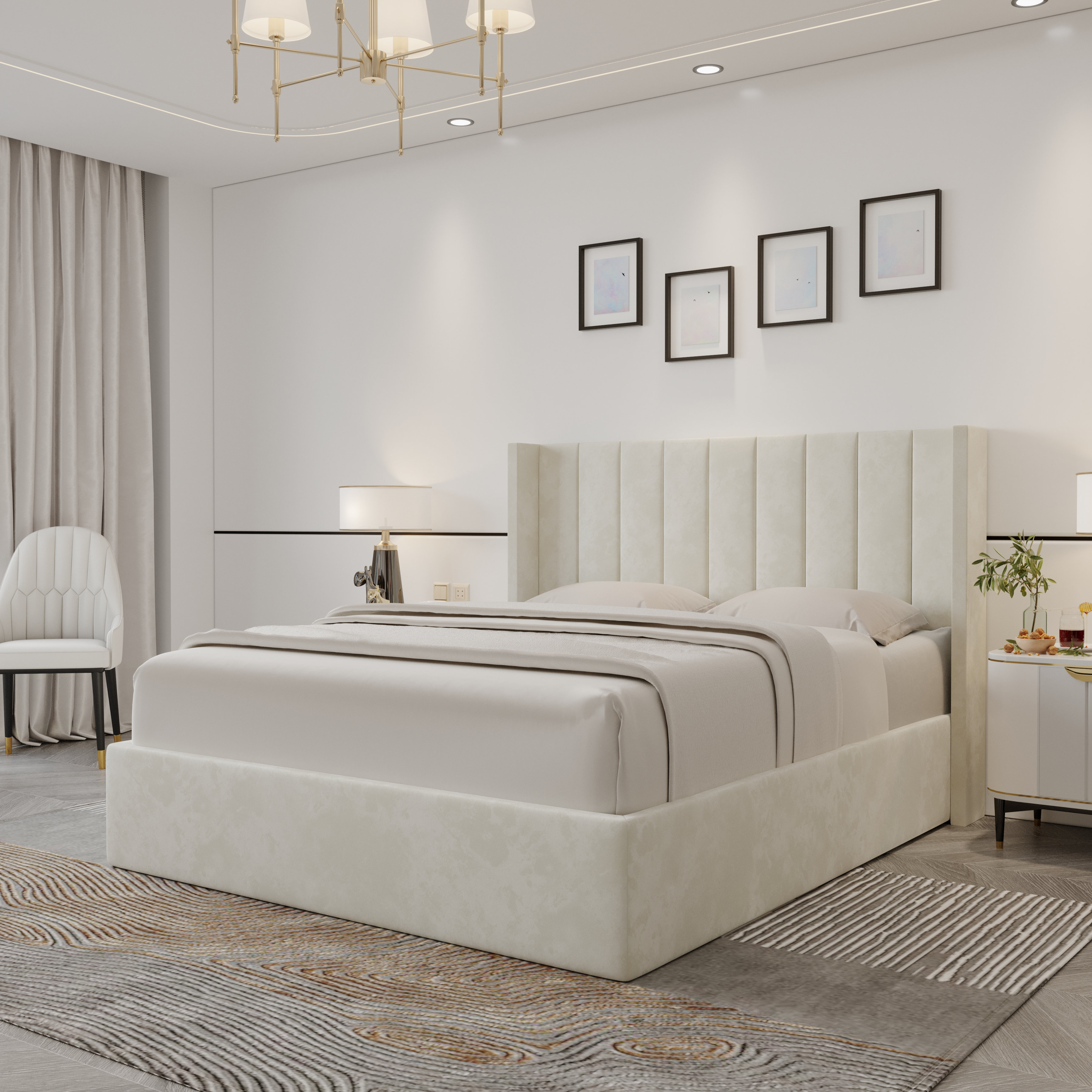 Krissandra Upholstered High Headboard Storage Bed w/Hydraulic Gas Lift, Wood Slat System & Under Bed Storage