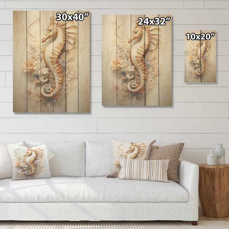 Hippocampe magique beige - Hippocampe, art sur bois de pin naturel, H 20 po x l 10 po
