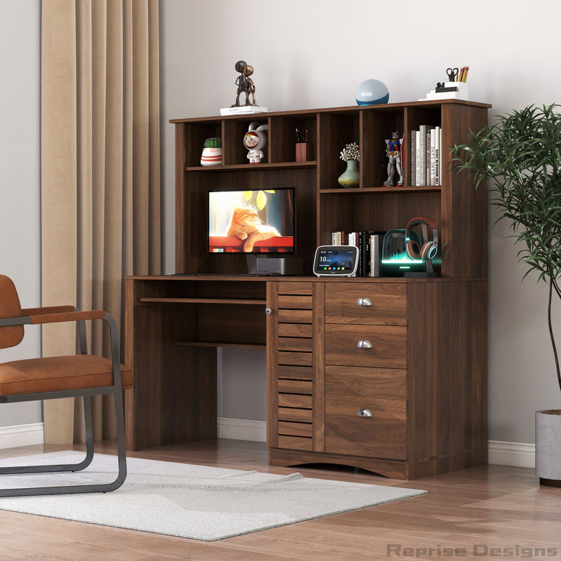 Home Office Computer Desk with Hutch, Walnut