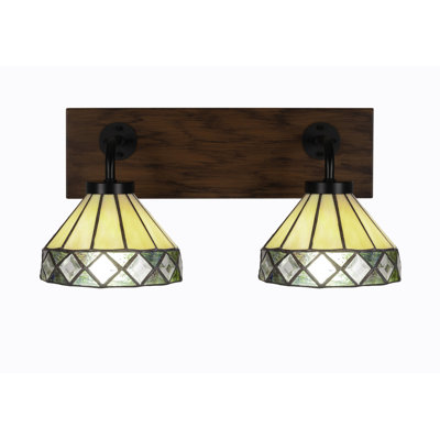 Oxbridge 2 Light Bath Bar, Matte Black and Painted Wood-look Metal Finish, 7" Diamond Peak Art Glass