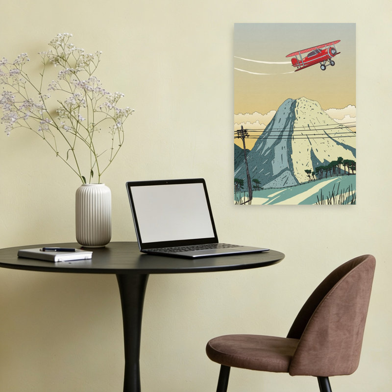 «Red Biplane Mountain Flight Peaceful Vintage Abstract Landscape Mountain», art mural