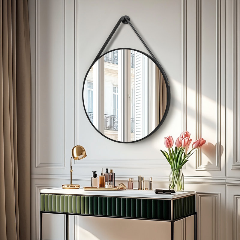 32'' Round Coastal Wall Mirror Brushed Black Aluminum Frame, 31.5" x 31.5", Black