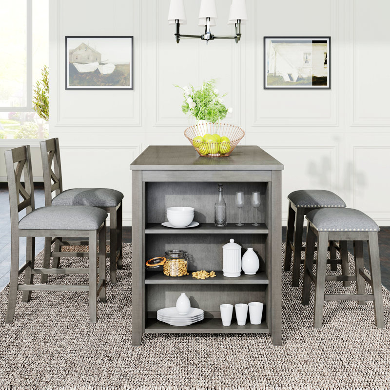 Ensemble de table de bar en bois à hauteur de comptoir classique avec 2 tabourets et 2 chaises, Gris, Gris
