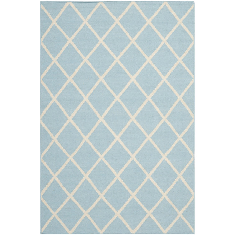 Rodgers Hand Woven Flat Weave Wool/Cotton Geometric Rug in Light Blue/Ivory