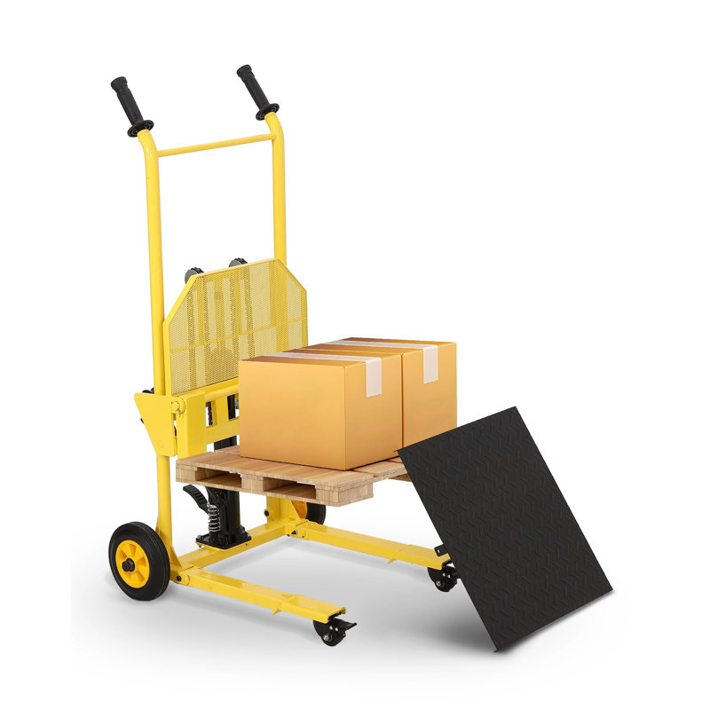 Chariot élévateur hydraulique 440 lb avec plateforme en acier, transbordeur de treuil robuste, hauteur maximale de 36 po pour entrepôt et atelier, jaune avec une paire de gants