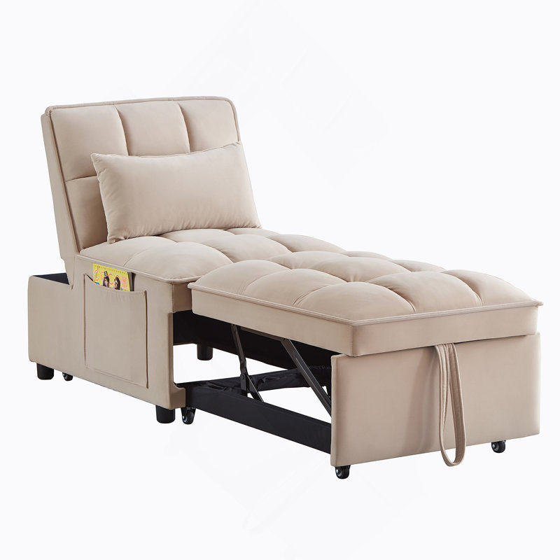 Canapé-lit simple capitonné avec dossier réglable et coussins, méridienne convertible, Taupe