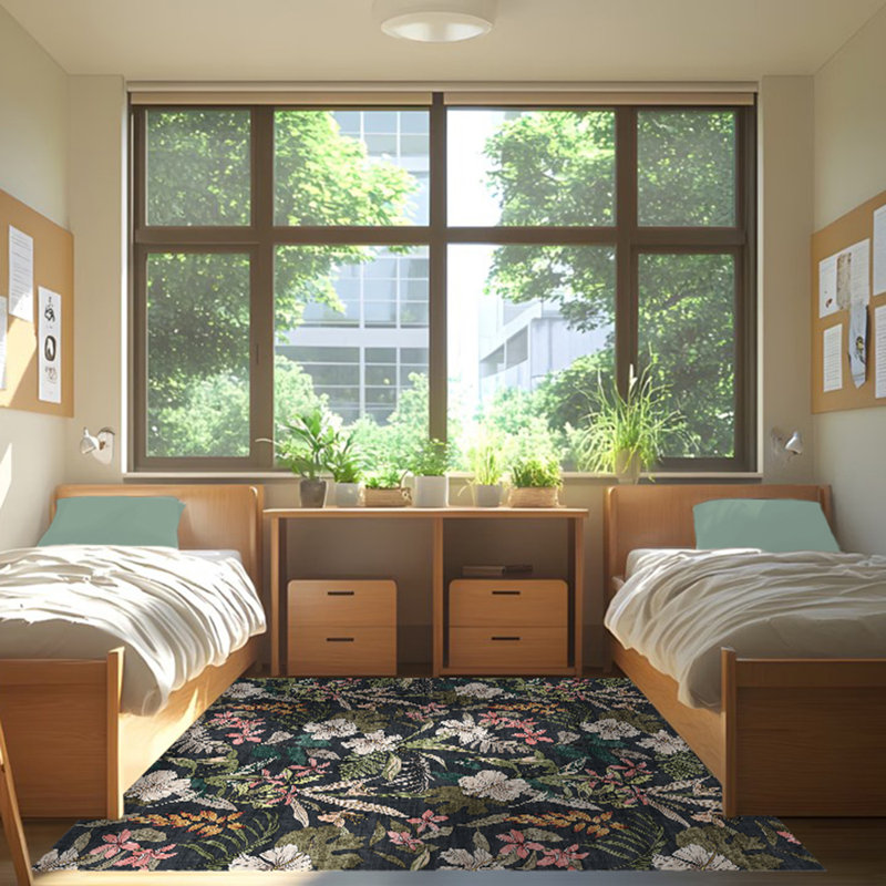 Tapis d'intérieur floral noir audacieux lavable à la machine Rayna Thea, Rectangle 7 pi 10 po x 10 pi