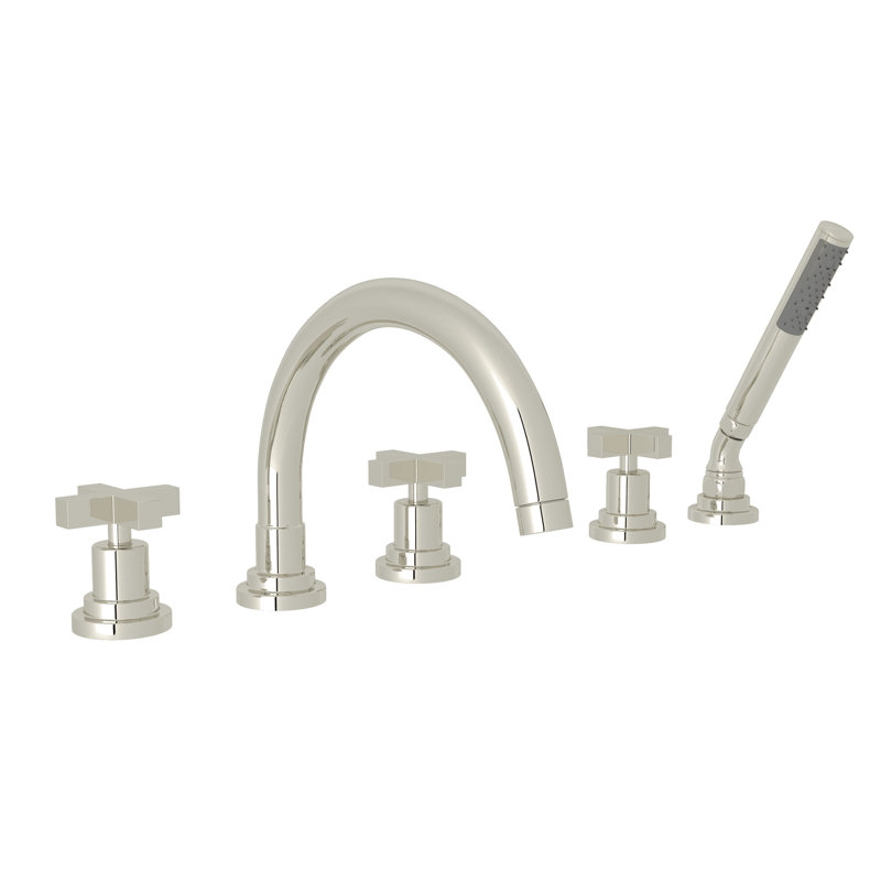 Lombardia® 5-Hole Deck Mount Roman Tub Faucet, Polished Nickel, Cross Handle