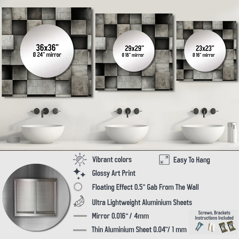 Architectural béton illusion de mur - art mural moderne miroir carré pour la salle de bain, 36 po x 36 po