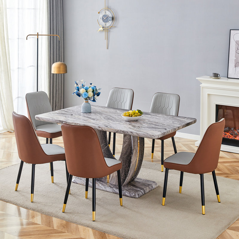63" Modern Gray Dining Table Set With PU Leather Chairs, U-Shaped MDF Base, Gray/Brown, 7 Pieces: Table, 6 Chairs