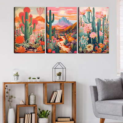 Framed Cactus Canvas Wall Art Green Pink Orange Plant Floral Wall Decoration Pictures Colorful Southwestern Rustic Painting Desert Landscape Poster Prints For Living Room Bathroom Bedroom 12Inx16in