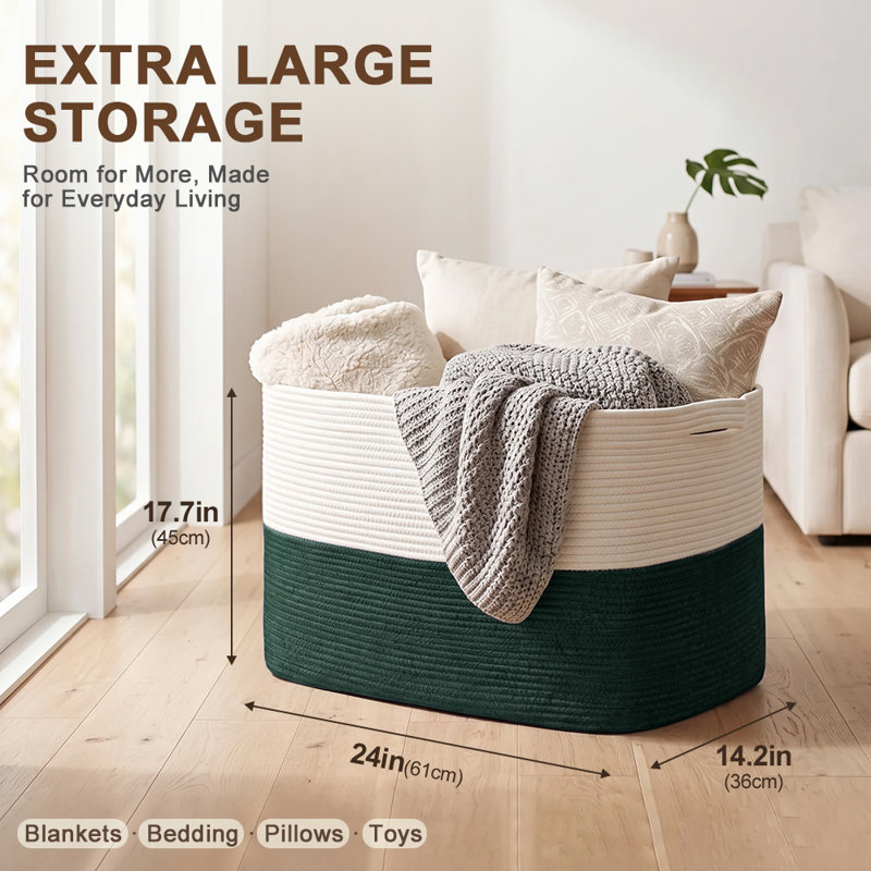 Panier de rangement extra large de 61 cm (24 po) en corde de coton avec poignées, grand panier de rangement tissé pour couvertures, literie, oreillers, jouets et vêtements