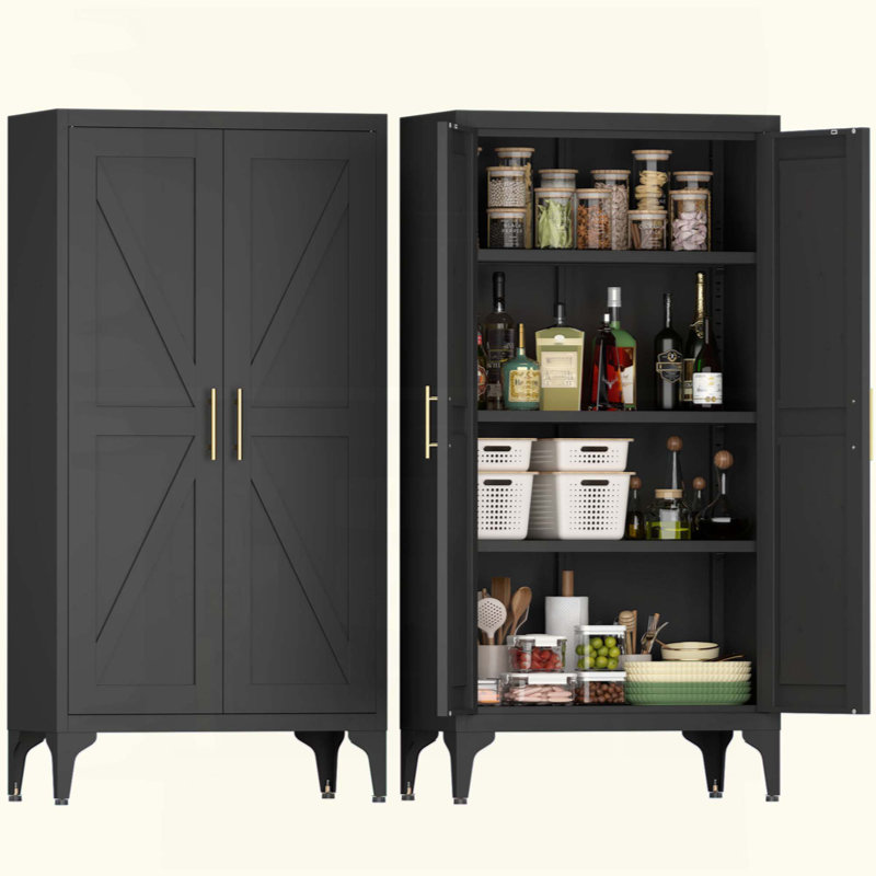 Armoire de rangement à 2 portes en métal, armoire en acier thermolaqué avec 3 tablettes robustes réglables, porte magnétique et conception anti-basculement, organisateur autoportant pour cuisine, salle à manger, salon, bureau